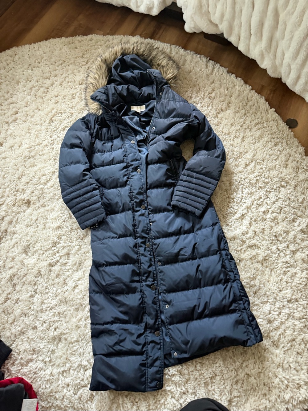 Michael Kors Navy Long Quilted Puffer Coat with Faux Fur Hood